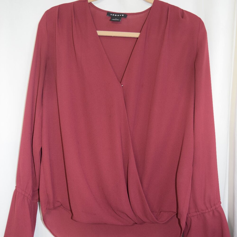 Trouve wine/burgandy wrap blouse tie flare sleeve size small.